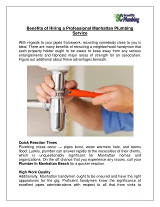 Benefits of Hiring a Professional Manhattan Plumbing Service