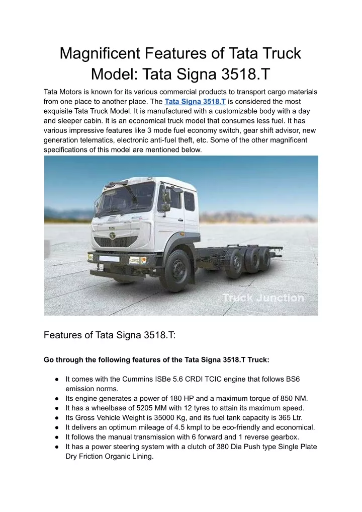 magnificent features of tata truck model tata