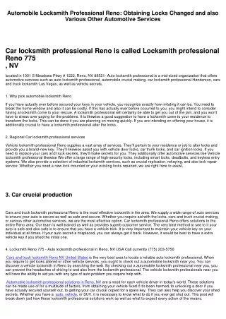 Vehicle Locksmith Reno: Getting Locks Changed as well as Various Other Automotive Solutions