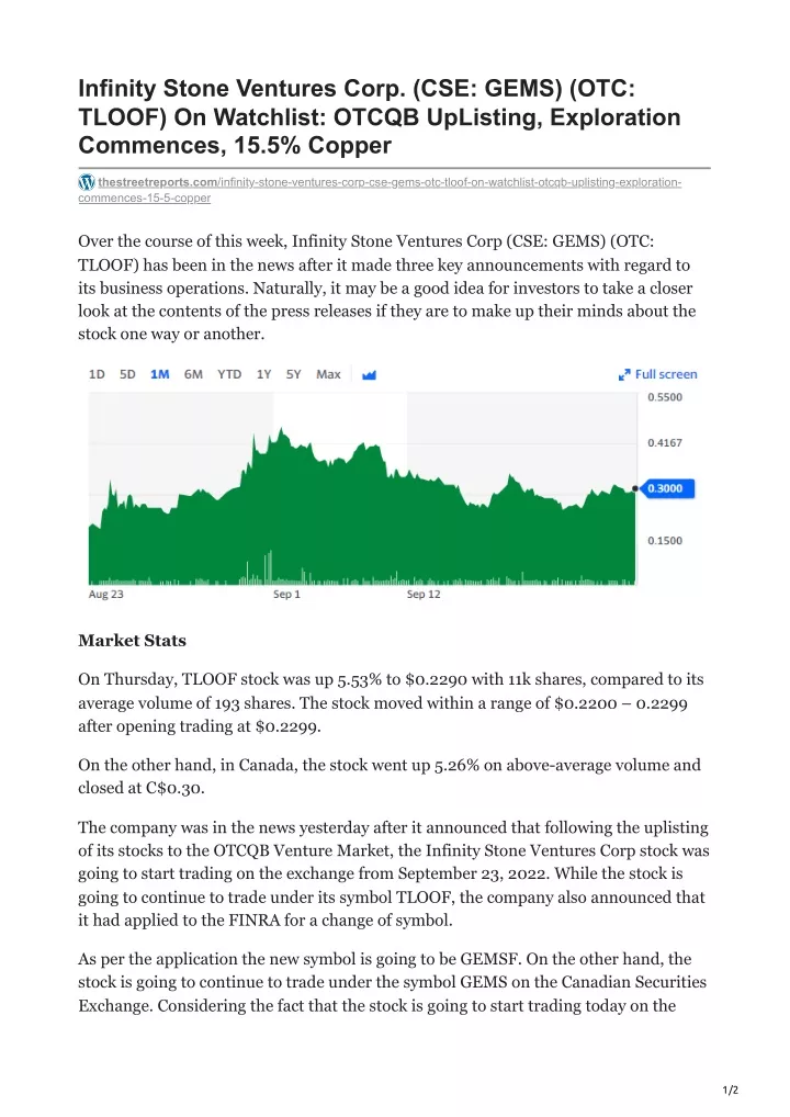 infinity stone ventures corp cse gems otc tloof