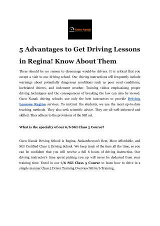 5 Advantages to Get Driving Lessons in Regina! Know About Them