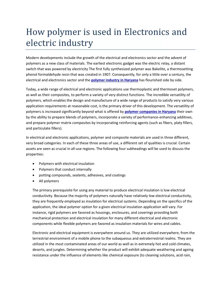 how polymer is used in electronics and electric