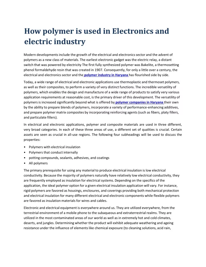 how polymer is used in electronics and electric