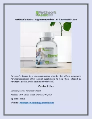 Parkinson's Natural Supplement Online | Parkinsonsassist.com