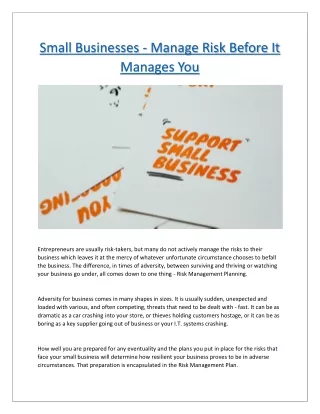 Small Businesses - Manage Risk Before It Manages You