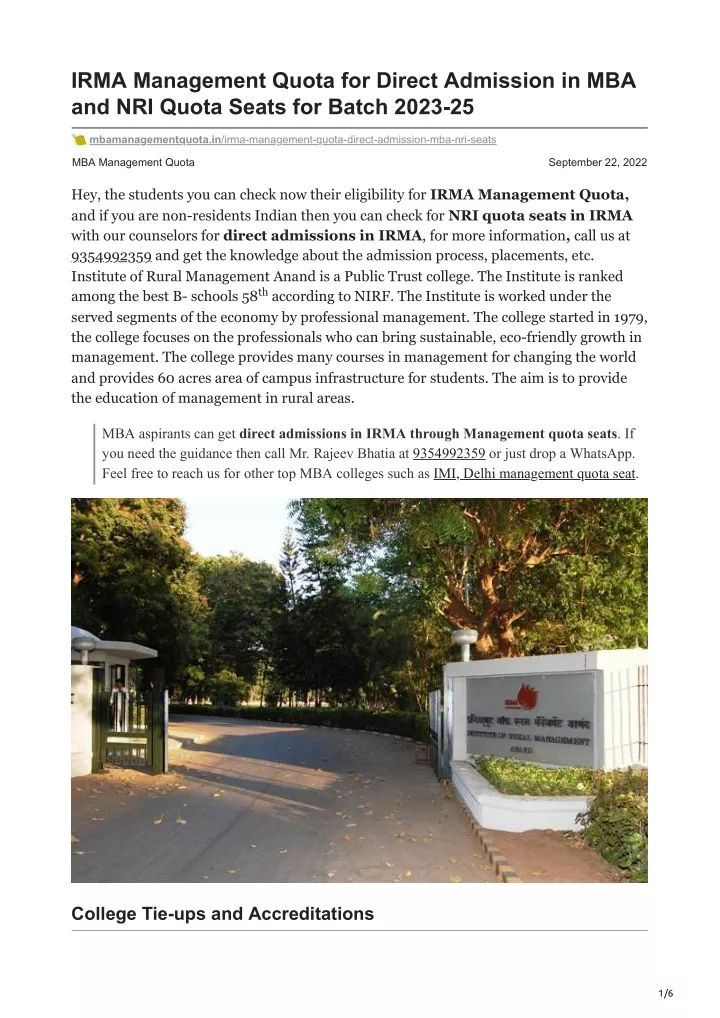 irma management quota for direct admission