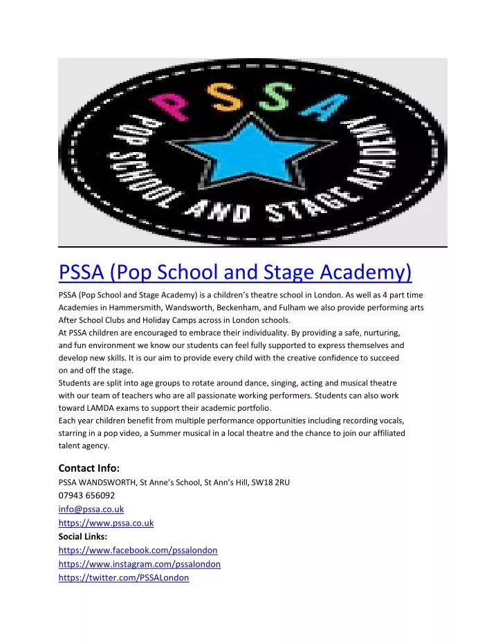 pssa pop school and stage academy