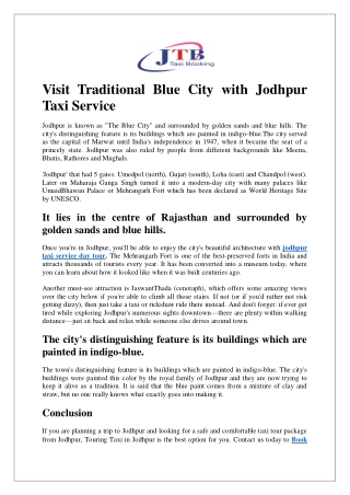 Visit Traditional Blue City with Jodhpur Taxi Service