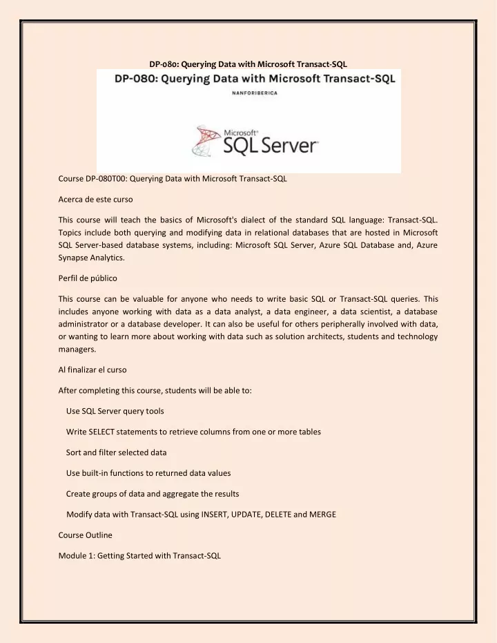dp 080 querying data with microsoft transact sql