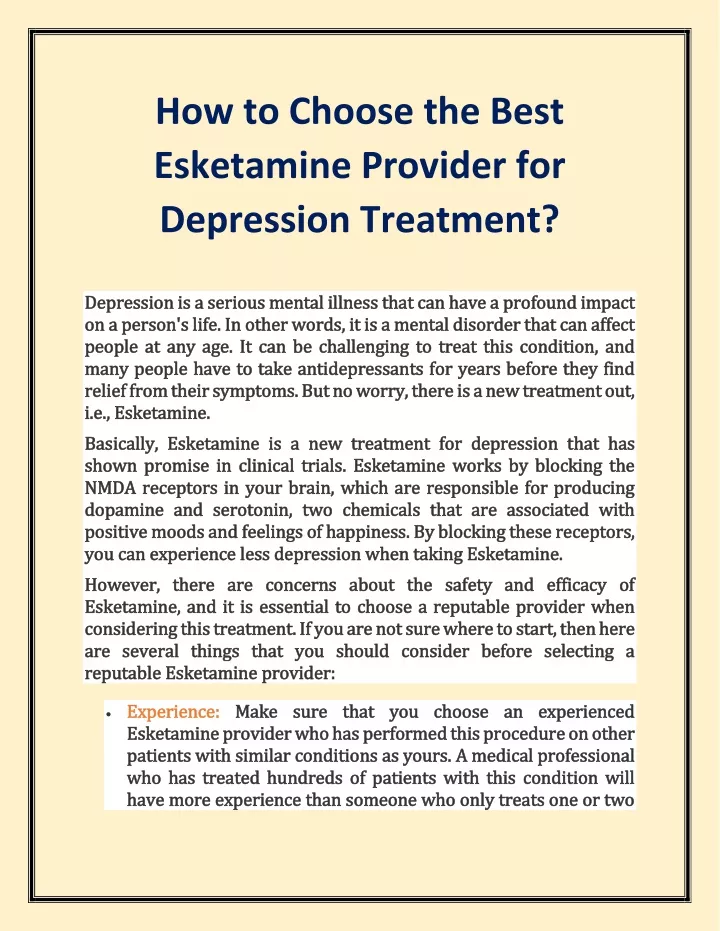 how to choose the best esketamine provider