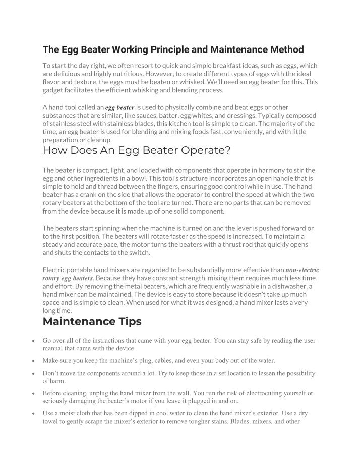 the egg beater working principle and maintenance