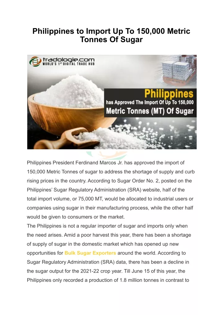 philippines to import up to 150 000 metric tonnes