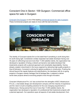 Conscient One in Sector- 109 Gurgaon- Commercial office space for sale in Gurgaon
