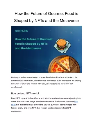 How the Future of Gourmet Food is Shaped by NFTs and the Metaverse