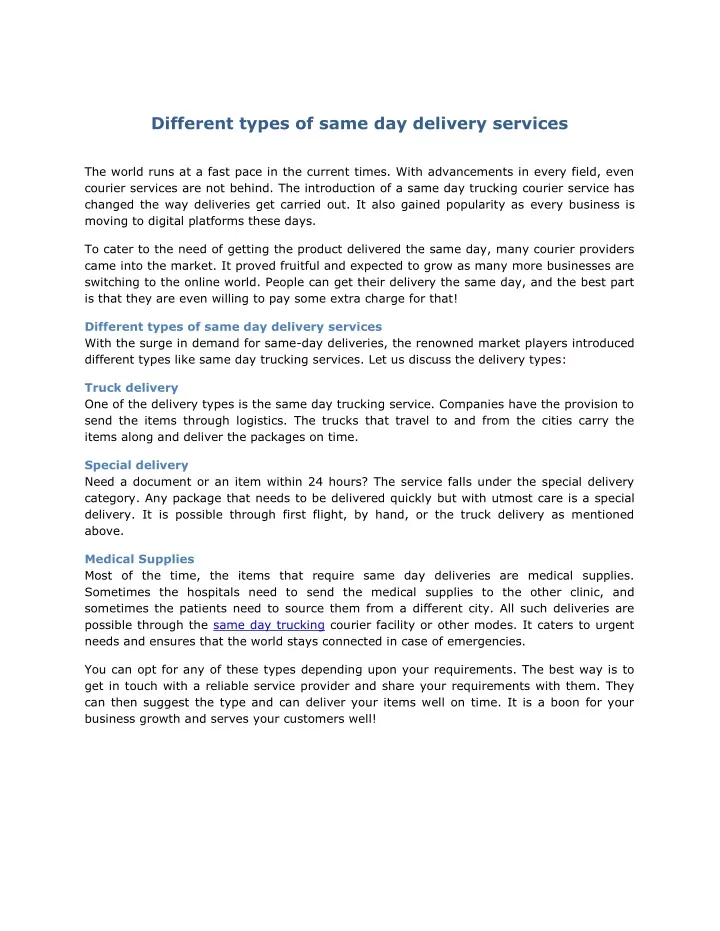 different types of same day delivery services