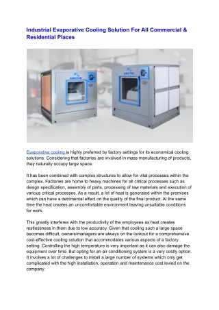 Industrial Evaporative Cooling Solution For All Commercial & Residential Places