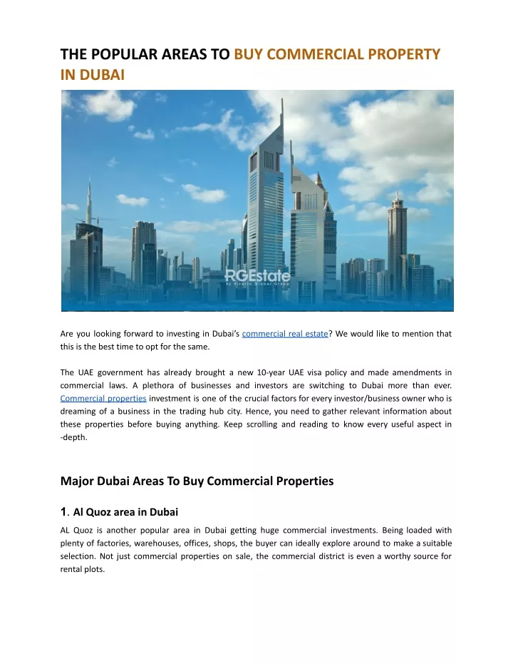 the popular areas to buy commercial property