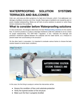 WATERPROOFING SOLUTION SYSTEMS  TERRACES AND BALCONIES.