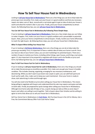 How To Sell Your House Fast In Wednesbury