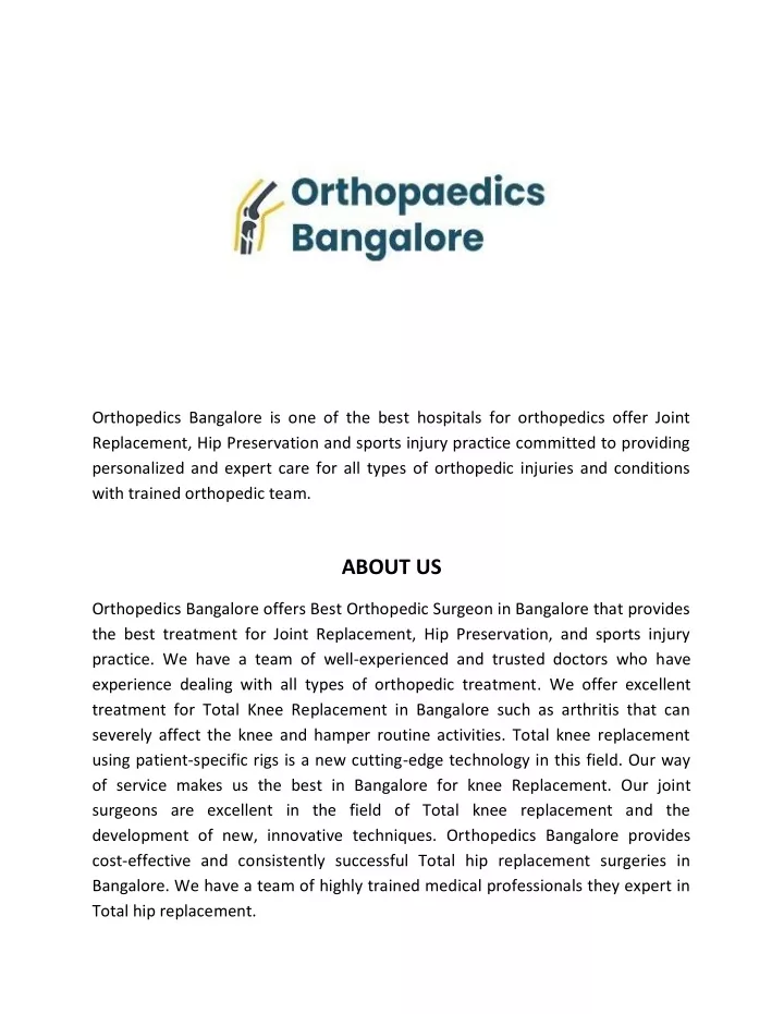orthopedics bangalore is one of the best