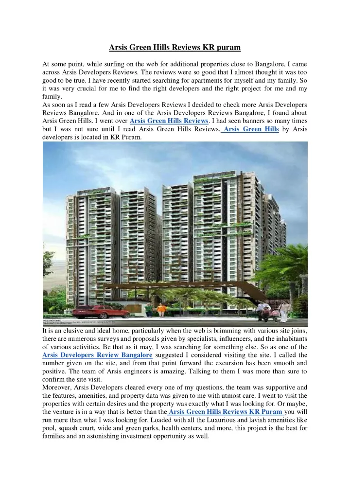 arsis green hills reviews kr puram