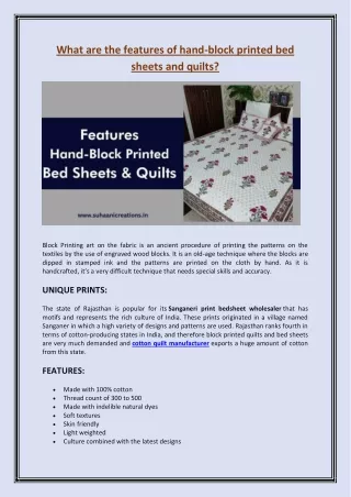 What are the features of hand-block printed bed sheets and quilts?