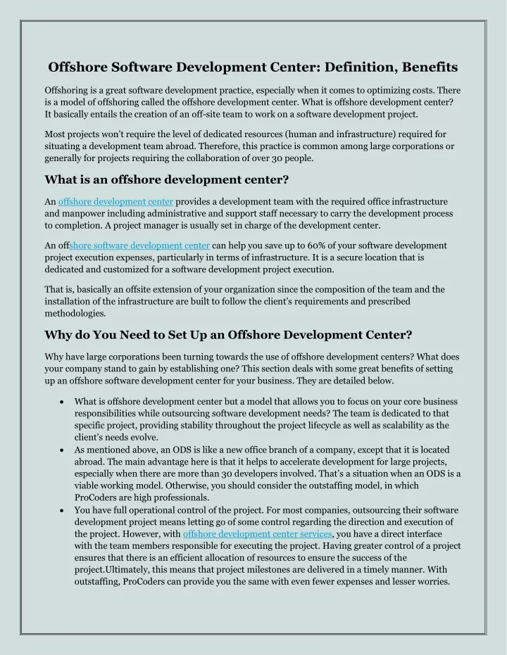 offshore software development center definition