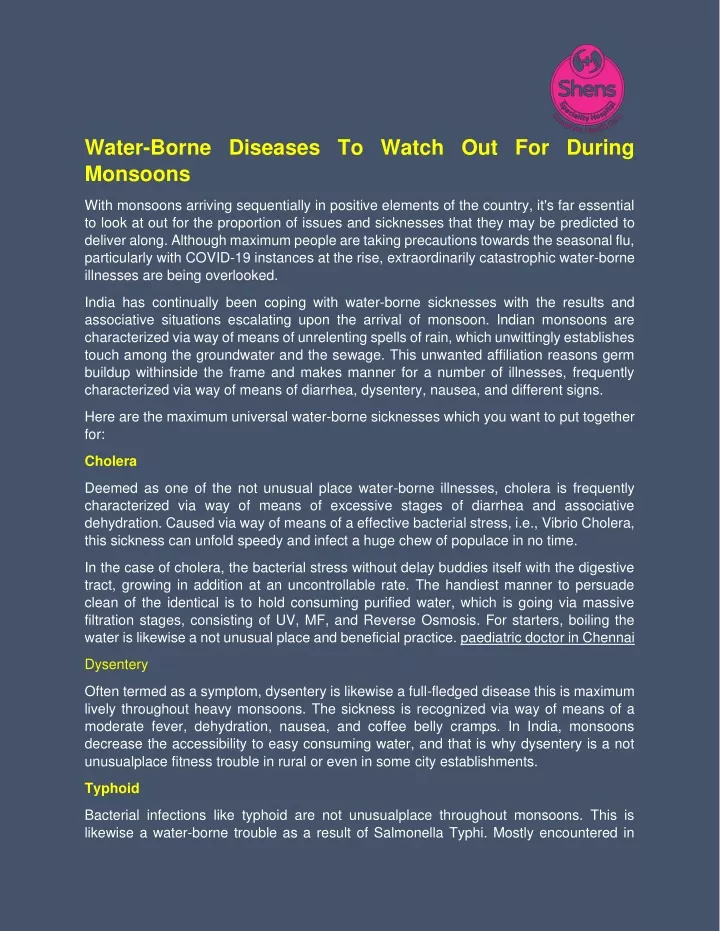 water borne diseases to watch out for during