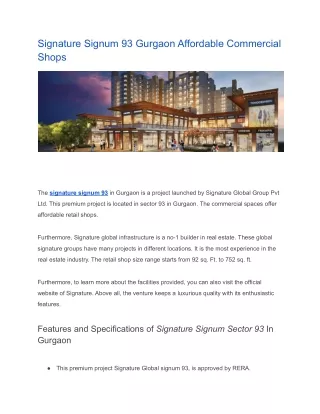 Signature Signum 93 Gurgaon Affordable Commercial Shops