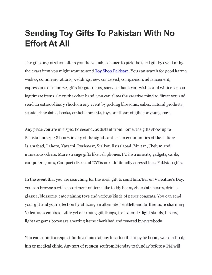 sending toy gifts to pakistan with no effort