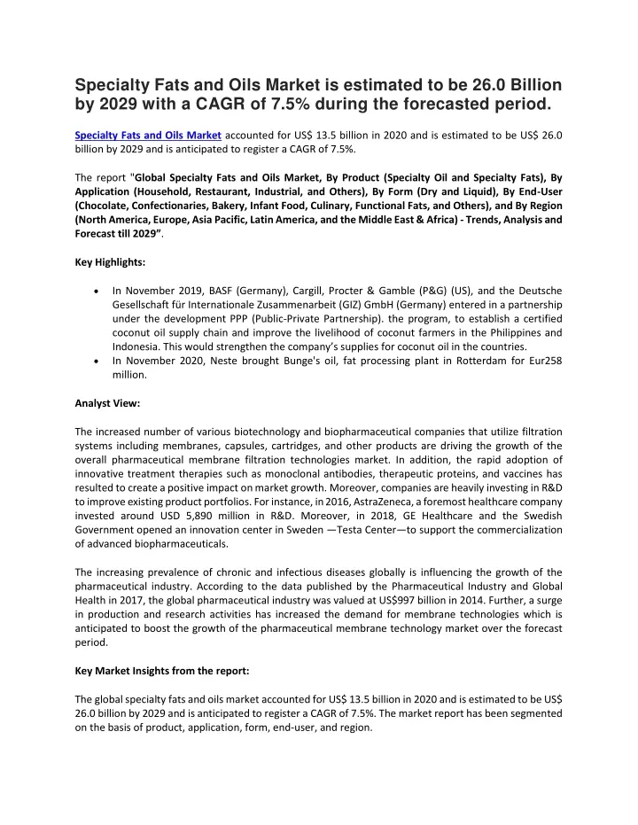 specialty fats and oils market is estimated