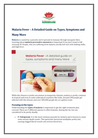 Malaria Fever – A Detailed Guide on Types, Symptoms and Many More