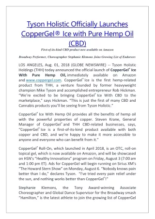 Tyson Holistic Officially Launches CopperGel® Ice With Pure Hemp Oil (CBD)