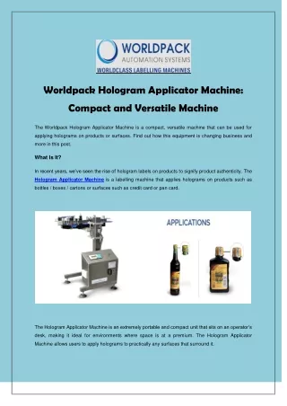 Worldpack Hologram Applicator Machine - Compact and Versatile Machine