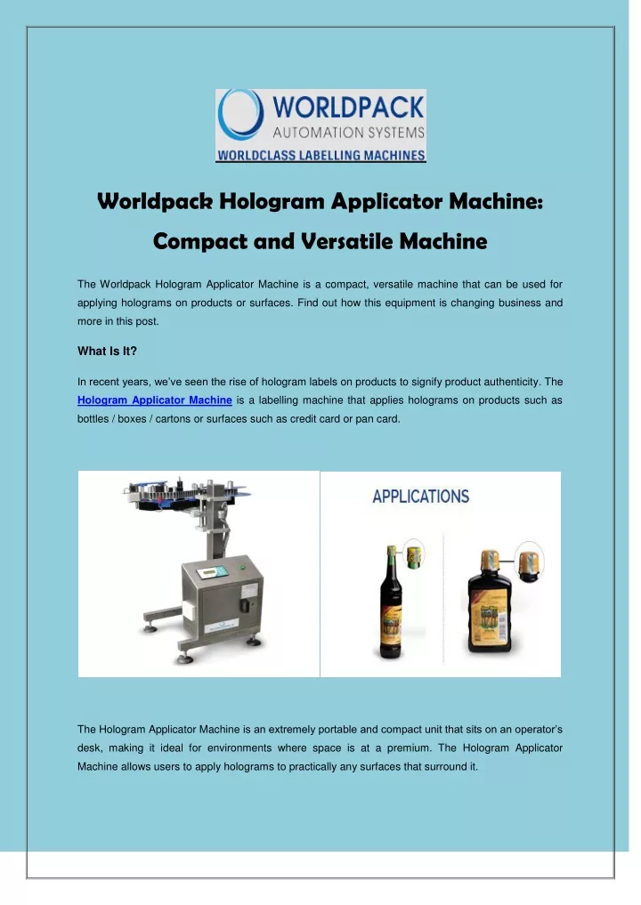 worldpack hologram applicator machine