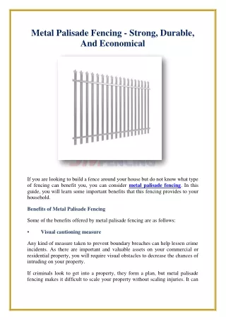 Metal Palisade Fencing - Strong, Durable, And Economical