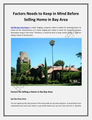 Factors needs to keep in mind before selling home in Bay area