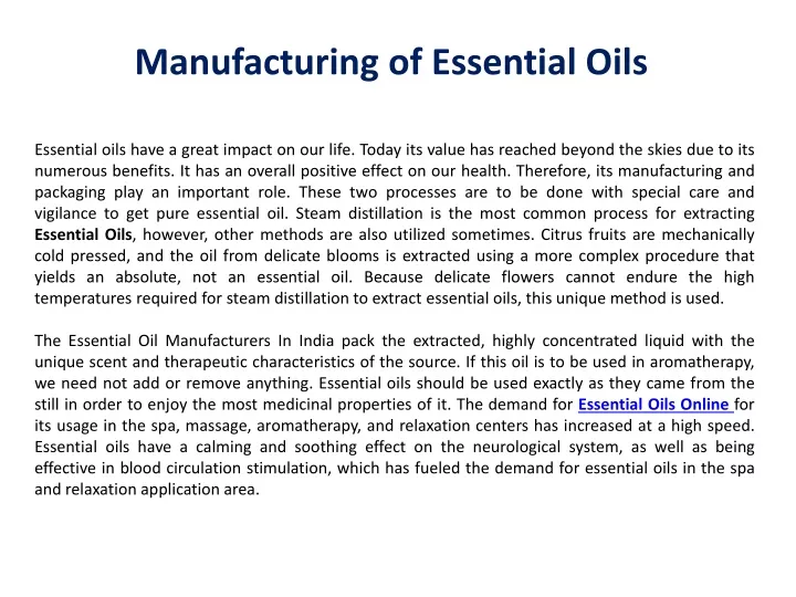 manufacturing of essential oils