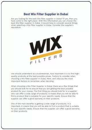 Best Wix Filter Supplier in Dubai