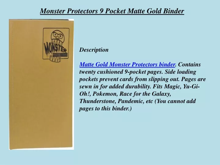 monster protectors 9 pocket matte gold binder