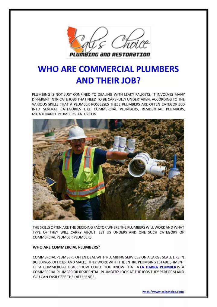 who are commercial plumbers and their job