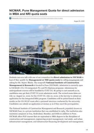 nicmar pune management quota for direct admission