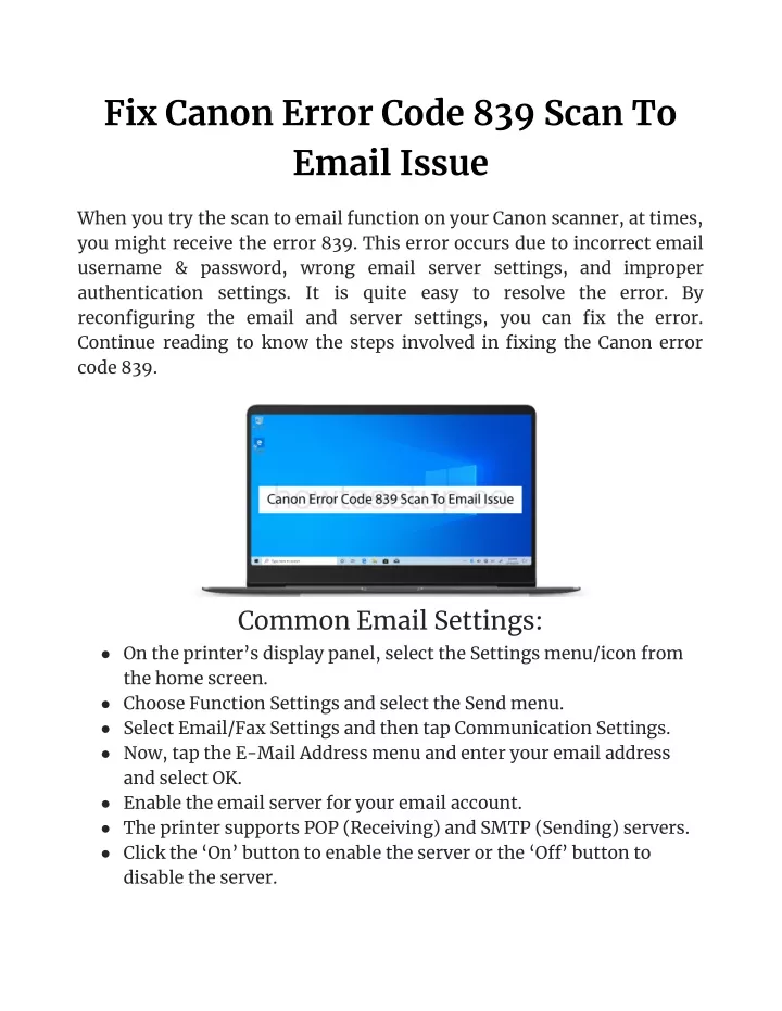 fix canon error code 839 scan to email issue