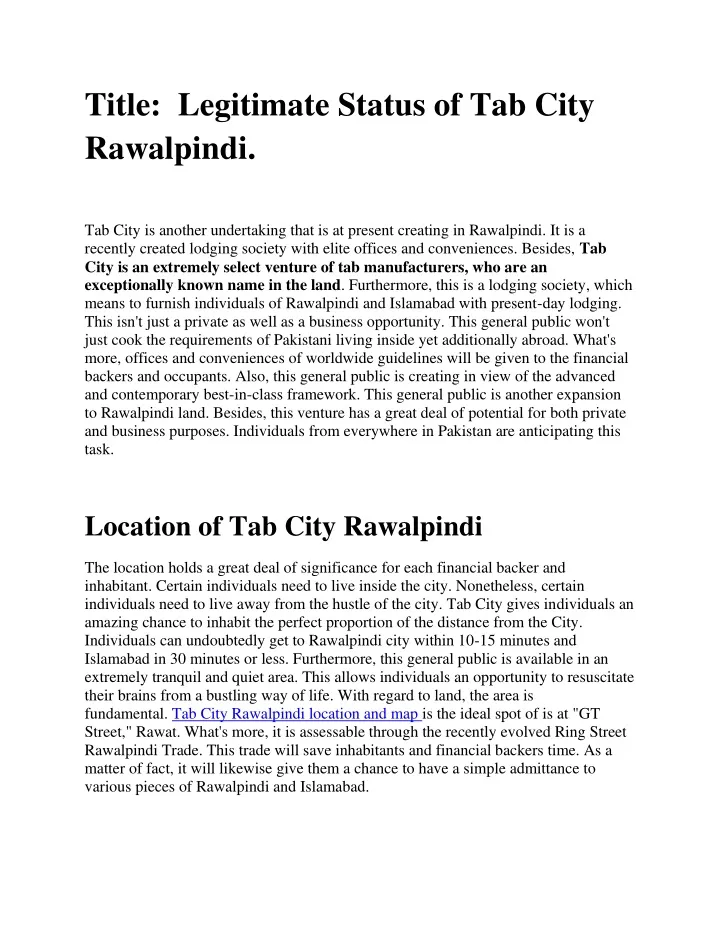 title legitimate status of tab city rawalpindi