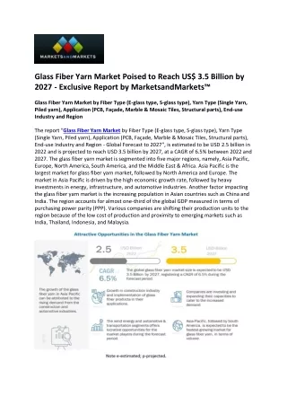 Glass Fiber Yarn Market Touches New High at US$ 3.5 billion by 2027, Says Market