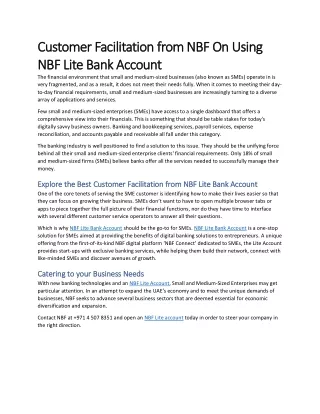 Customer Facilitation from NBF On Using NBF Lite Bank Account