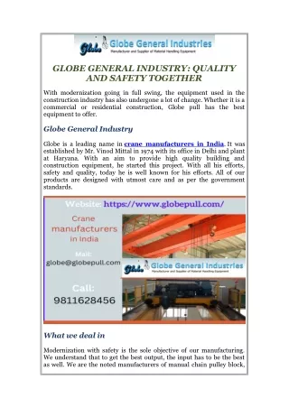 Best crane manufacturers Company in India | Globe Pull