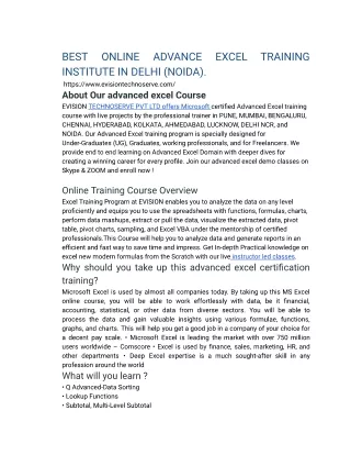 BEST ONLINE ADVANCE EXCEL TRAINING INSTITUTE IN DELHI (NOIDA).