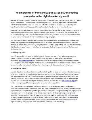 The emergence of Pune and Jaipur-based SEO marketing companies in the digital marketing world