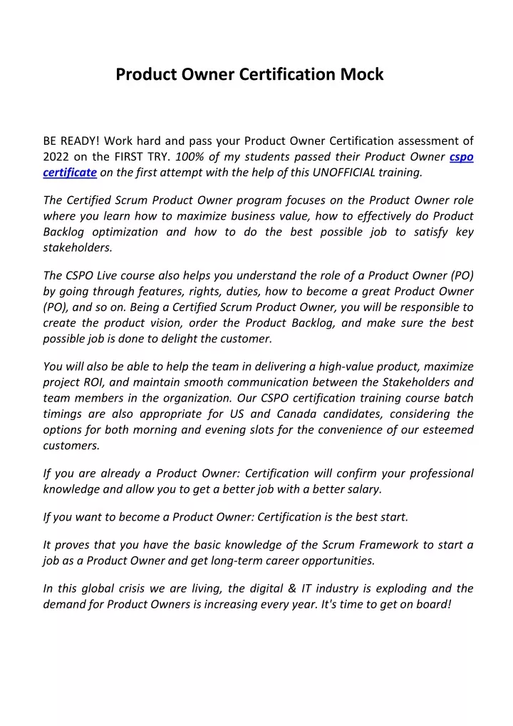 product owner certification mock